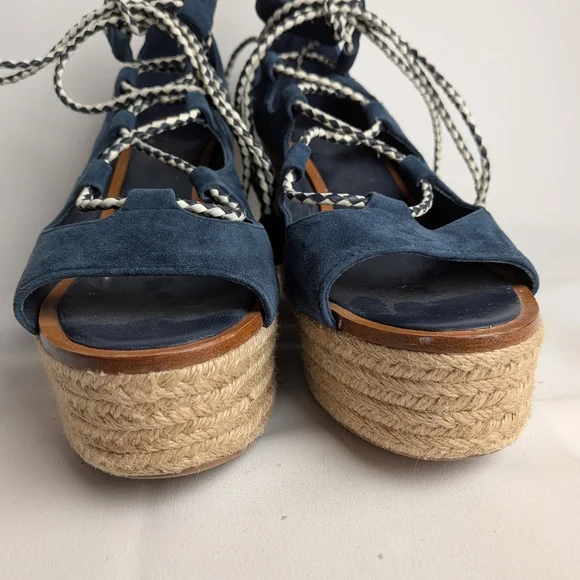 TORY BURCH Positano Suede Lace Up Platform Heel Women Sandals Size 9.5 Blue Beig - Picture 6 of 14